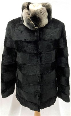 Lot 2088 - Odos Imperija Shaved Black Mink Striped Jacket with a Grey Chinchilla Collar, side pockets and...