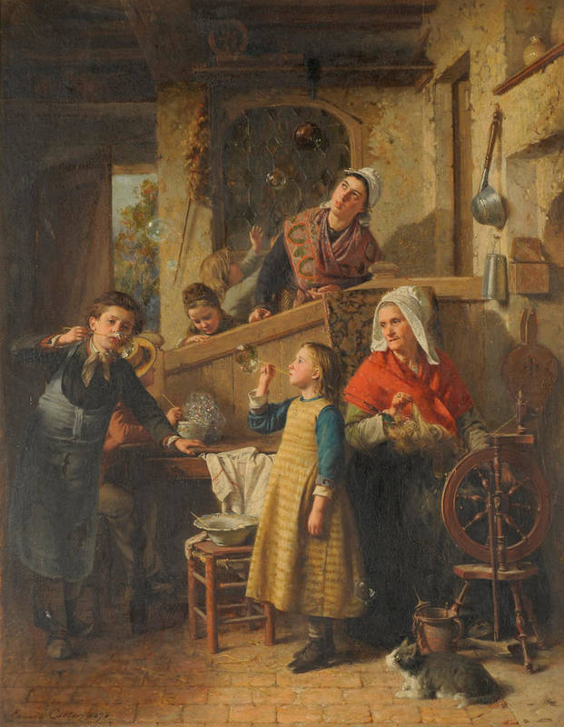 Lot 812 - Pierre Jean Edmond Castan (1817-1892) Cottage interior with children blowing bubbles Signed and...