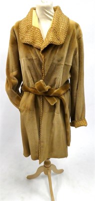 Lot 2090 - A Saga Camel Coloured Shaved Mink Coat, with suede lattice detail to cuffs, collar and fall,...