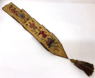 Lot 2099 - A Decorative Early 20th Century Bell Pull, embroidered with Eastern style figures, pagoda,...