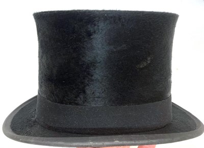 Lot 2101 - Black Silk Top Hat, labelled A Barritt & Co Middlesbrough, in a brown leather hat box with red...
