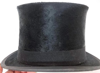Lot 2101 - Black Silk Top Hat, labelled A Barritt & Co Middlesbrough, in a brown leather hat box with red...