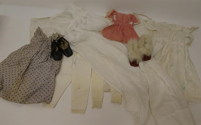 Lot 2112 - Assorted Textiles and Dolls' Costume, including a cream silk long sleeved dress with collar and...