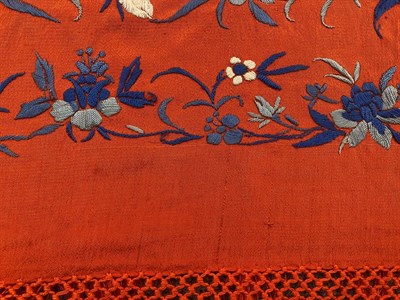 Lot 2116 - Circa 1920s Chinese Orange Silk Shawl, embroidered overall with pale blue silk embroidered flowers
