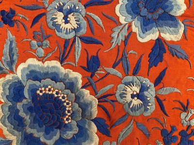 Lot 2116 - Circa 1920s Chinese Orange Silk Shawl, embroidered overall with pale blue silk embroidered flowers
