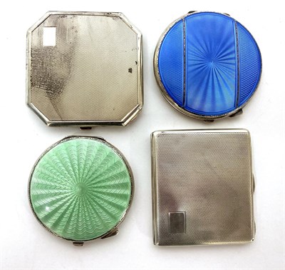 Lot 2123 - Four Silver and Enamel Mounted Hinged Compacts, including an engine turned compact by Dudley...