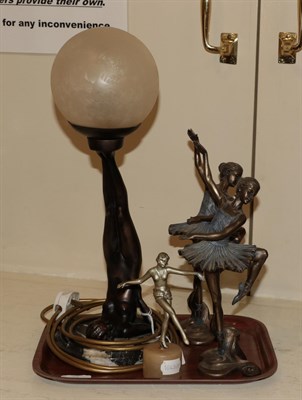 Lot 7 - An Art Deco style spelter figural lamp; an Art Deco figure, and two resin figures of ballerinas (3)