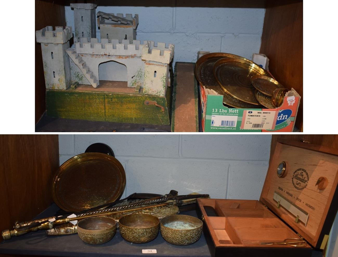 Lot 34 - A group of copper and brass items including candlesticks; together with a humidor; and a model of a