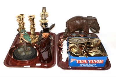 Lot 35 - Two trays of candlesticks; brassware; and a taxidermy Kingfisher