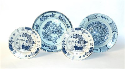 Lot 36 - Two 19th century blue and white English Delft plates; together with a smaller pair of English Delft