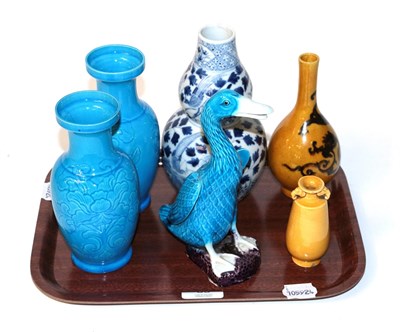 Lot 63 - Chinese double gourd vase, two ochre glazed vases, pair of turquoise glazed vases and a duck