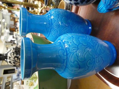 Lot 63 - Chinese double gourd vase, two ochre glazed vases, pair of turquoise glazed vases and a duck