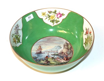 Lot 64 - A 19th century porcelain punch bowl, the interior decorated with a coastal scene on a green...