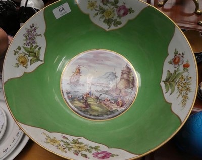 Lot 64 - A 19th century porcelain punch bowl, the interior decorated with a coastal scene on a green...