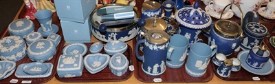 Lot 78 - A large collection of Wedgwood Blue Jasper wares including: candlesticks, jugs, boxes and...