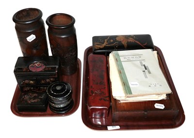Lot 85 - A group of Chinese items including: lacquered glove boxes; carved bamboo sleeve vases; booklets...