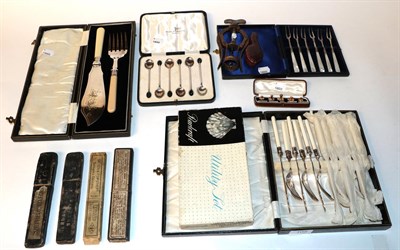 Lot 105 - Cased collar studs, stamped '9CT', cased set of six silver and mother-of-pearl pickle forks,...