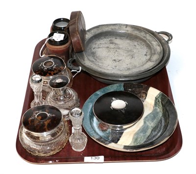 Lot 130 - A silver and tortoiseshell part dressing table set, Birmingham; with two items of pewter and others