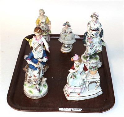 Lot 146 - A Meissen style porcelain figure of a flower seller, marked R1762; with other Continental...