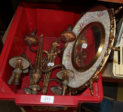 Lot 211 - A decorative wall mirror; and a set of three gilt bronze twin light wall appliques (4)