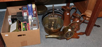 Lot 218 - A quantity of brass and copper wares to include; jam pan, bed warming pan, brass bellows,...