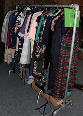 Lot 248 - Rail of mainly modern clothing, including dresses, separates, coats etc, two boxes of assorted...