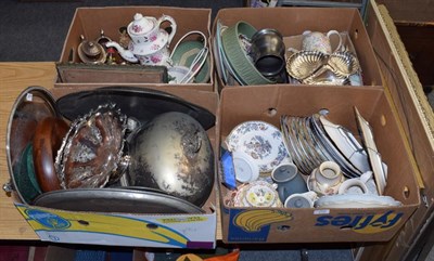 Lot 250 - Four boxes of ceramics and silver plate including: meat dome, trays etc