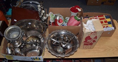 Lot 252 - A quantity of mixed silver plated and other items to include; meat dishes, candlesticks,...