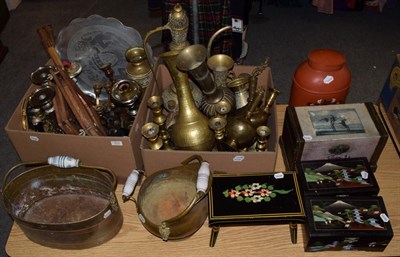 Lot 253 - A quantity of mixed decorative brass wares to include: vases; ewers; candlesticks; trays;...