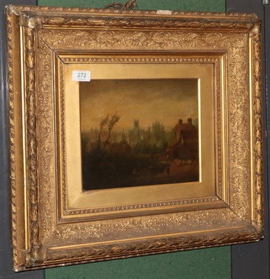 Lot 272 - Circle of Naysmith, 19th century, Horse and cart with figure before a village setting, oil on...
