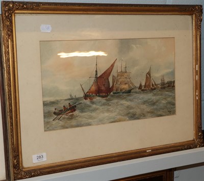 Lot 283 - Attributed to T B Hardy (19th century), Rowing boat and other shipping at sea, bears signature,...