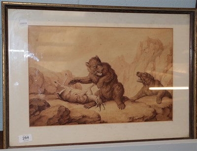 Lot 284 - Follower of Sir Edwin Landseer (19th century), Bears with a fallen deer in a rocky gorge, brown...