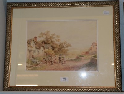 Lot 287 - Bernard Foster (19th century) Cottage scene with figures and a donkey and cart, signed,...