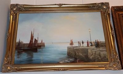 Lot 288 - Roderick Lovesey, figures taking the air in a harbour, signed oil on canvas, 49.5cm by 75cm