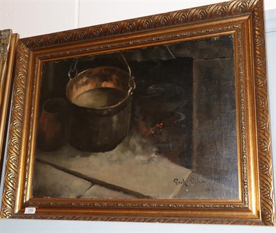 Lot 289 - Eric Schmitt (20th century), Still life with pots in a hearth, signed and dated 1956, oil on...