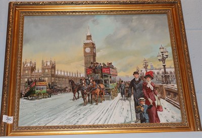Lot 290 - Derek Braithwaite (20th century) Westminster Bridge, signed, oil on canvasboard, Christmas card...
