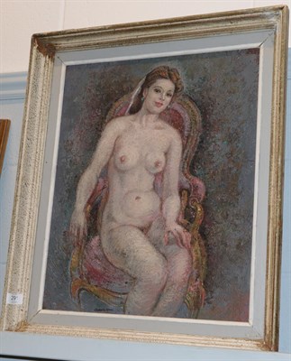 Lot 291 - Georges Arou (French 20th centruy) ''Nu-olga'', signed, inscribed and dated 1954. oil on board,...