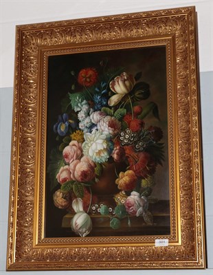 Lot 301 - Manner of Monnoyer, A cornucopia of flowers in a vase on  a stone ledge, oil on board, 57.5cm...