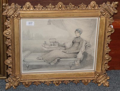 Lot 317 - Circle of Henry Eldridge (1769-1821) Portrait of an elegant Regency Lady reclining on a chaise...