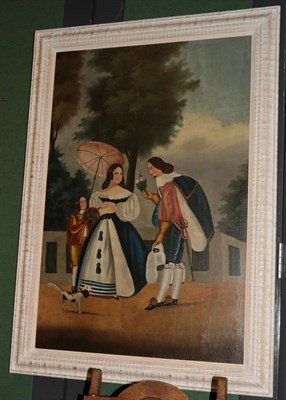 Lot 318 - Naive School in the 18th century style, Gentleman presenting lady with a bouquet of roses, oil...