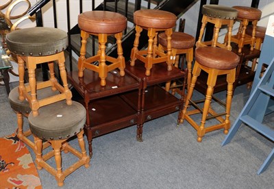 Lot 372 - ^ Two pairs of reproduction mahogany side tables, a set of four leather topped high stools,...