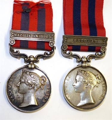 Lot 5 - Two India General Service Medals, 1854, one with clasp BHOOTAN, renamed to J.ARMSTRONG, 55...