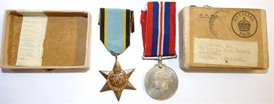 Lot 16 - An Air Crew Europe Star and War Medal, with medal slip in Air Ministry box of issue addressed...