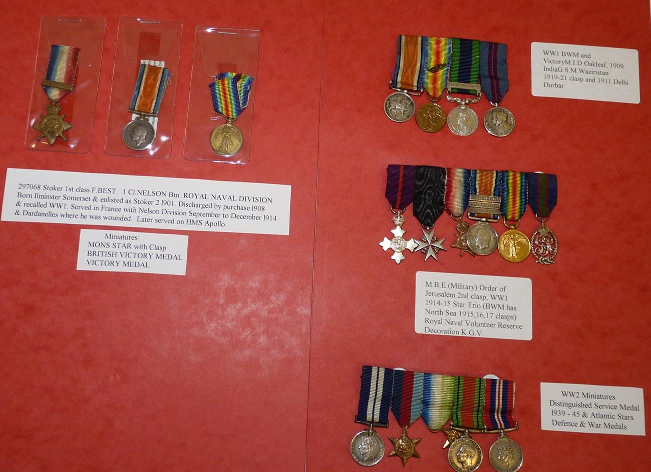 Lot 22 - Four Groups of Miniature Medals, comprising:- a Mons Trio of 1914 Star with clasp 5th AUG.-22nd...
