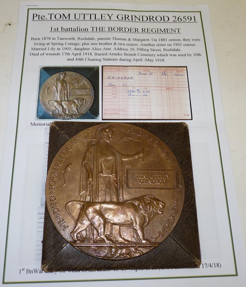 Lot 26 - A First World War Memorial Plaque, to (26591) TOM (misnamed TONI) UTTLEY GRINDROD, in cardboard...