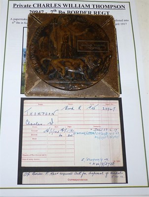 Lot 27 - A First World War Memorial Plaque, to (20947) CHARLES WILLIAM THOMPSON, in cardboard envelope...