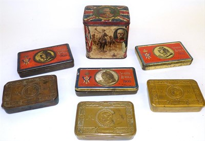 Lot 69 - Three Boer War New Year 1900 Chocolate Tins, lack contents; three Princess Mary 1914 Christmas...