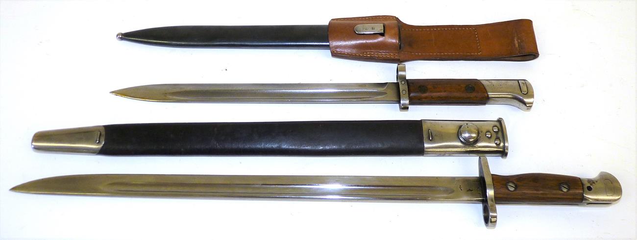 Lot 122 - A Czechoslovakian VZ24 Mauser Bayonet, with wood grip scales, the pommel stamped tgf, with...