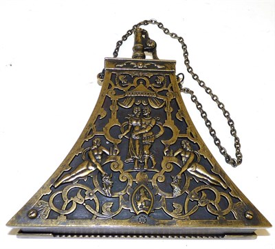 Lot 136 - A Copy of a Saxony Mahogany Powder Flask, of trapezoid form, brass mounts pierced and cast with...