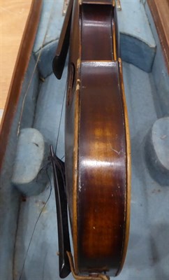 Lot 2018 - Violin 14'' one piece back, no label, cased with three bows